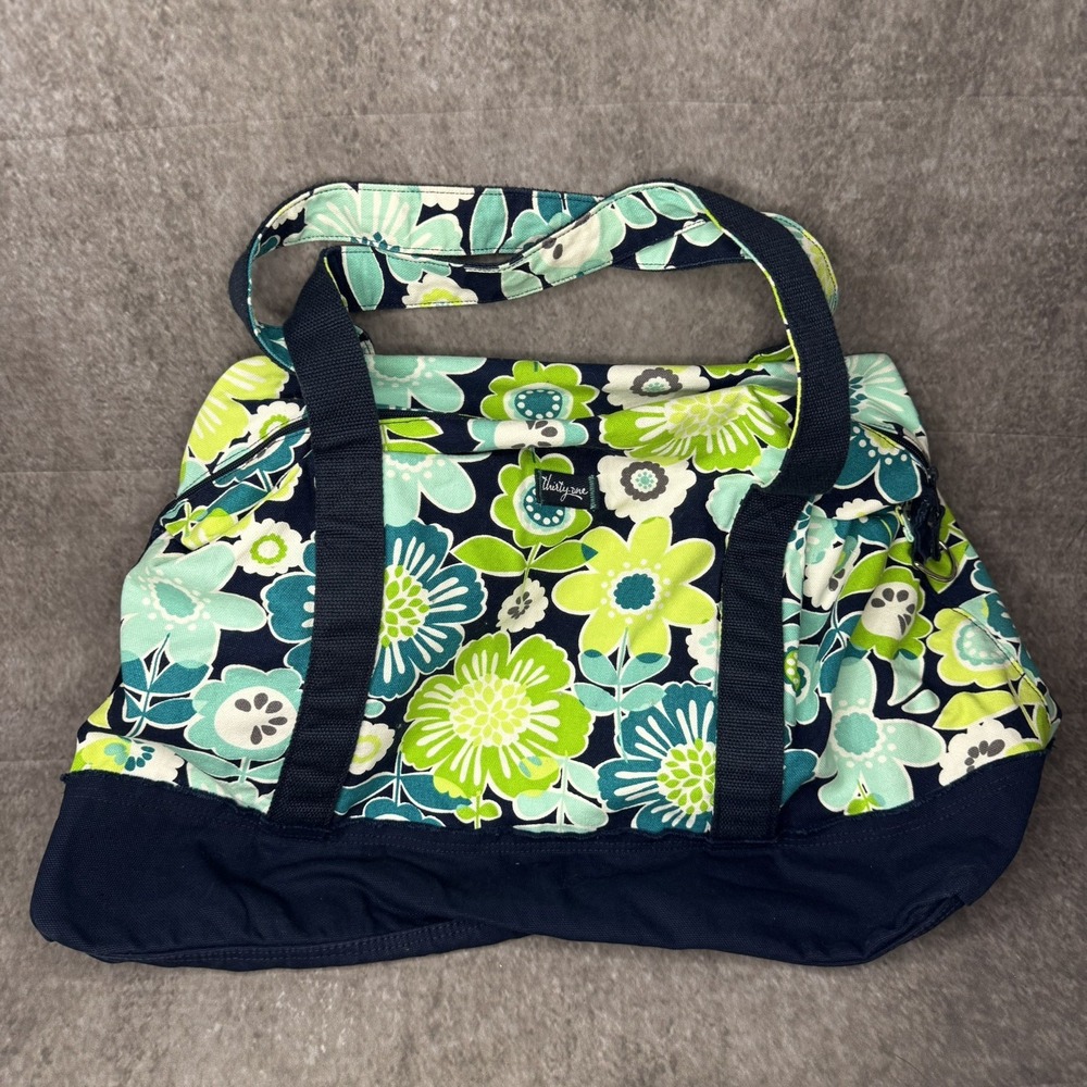 Thirty One Weekender Tote Duffle Bag Blue Green Floral Canvas Travel Bag Women